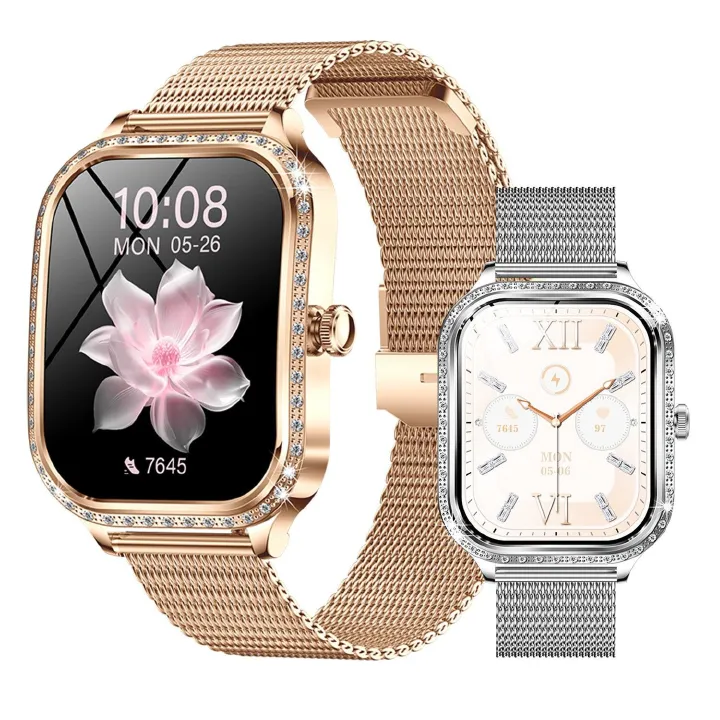 MK88 smart watch 1.75-inch curved screen Bluetooth call diamond design health monitoring IP68 waterproof watch Women Smartwatch Ladies Watch Sports Smart Watch For Woman Stainless Steel Gold Watch