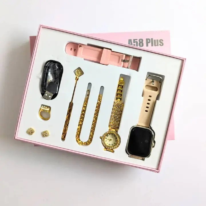 A58 Plus Ladies Smart Watch Gift Set 7-in-1 Bluetooth Smart Watch Heart Rate Monitoring sports watch Fashion Luxury Gold Watch Women Watch Lady Watch Jewelry Suits Valentine's Day Gift For Girl Woman