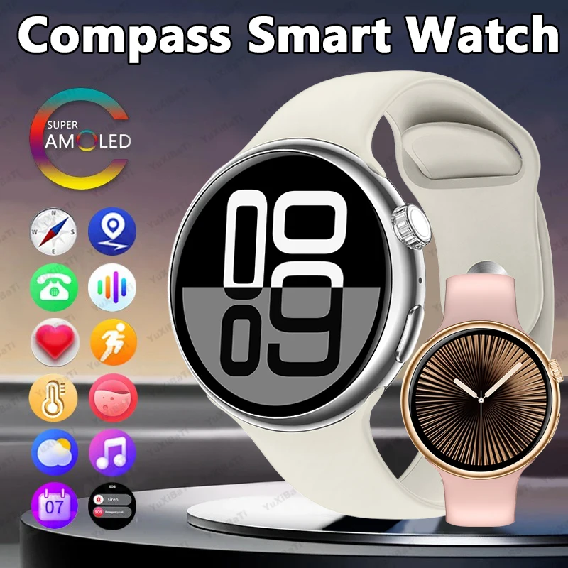 For HUAWEI Outdoor GPS Smart Watch Men Round HD AMOLED Screen Gesture touch Compass Bluetooth Call Heart rate Waterproof Sport Smart Watch Men's Smart Watch Women Smart watch with 2 straps Gift Set
