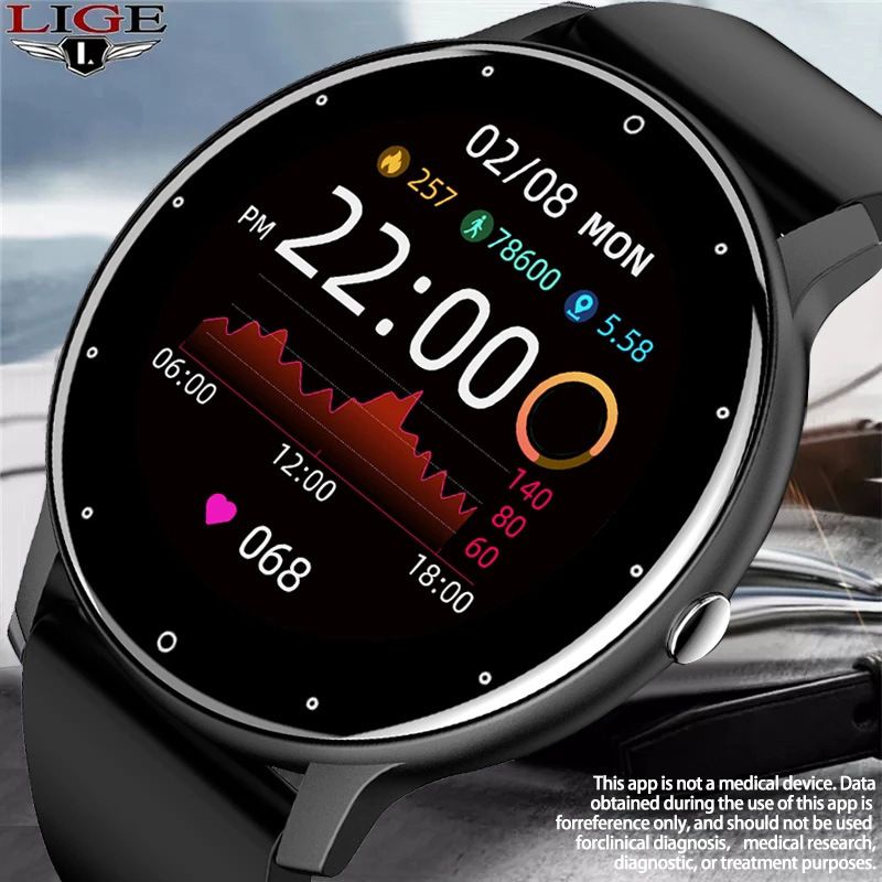 LIGE Women Smart Watch Men Women Fitness Sports Smartwatch Steel TPU Strap Round Touch Control Men's Smart Watch IP67 Waterproof smartwatch Bluetooth Call Heart Rate Monitor Android IOS Ladies Watch