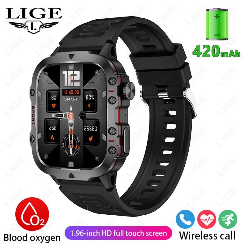 LIGE Men Smart Watch Military Outdoor Sports Smartwatch Bluetooth Call Fitness Tracker Heart Rate Blood Oxygen Monitor IP68 Waterproof Sport Smartwatch for Men HD Touch Screen Wrist Watch Sports Watch