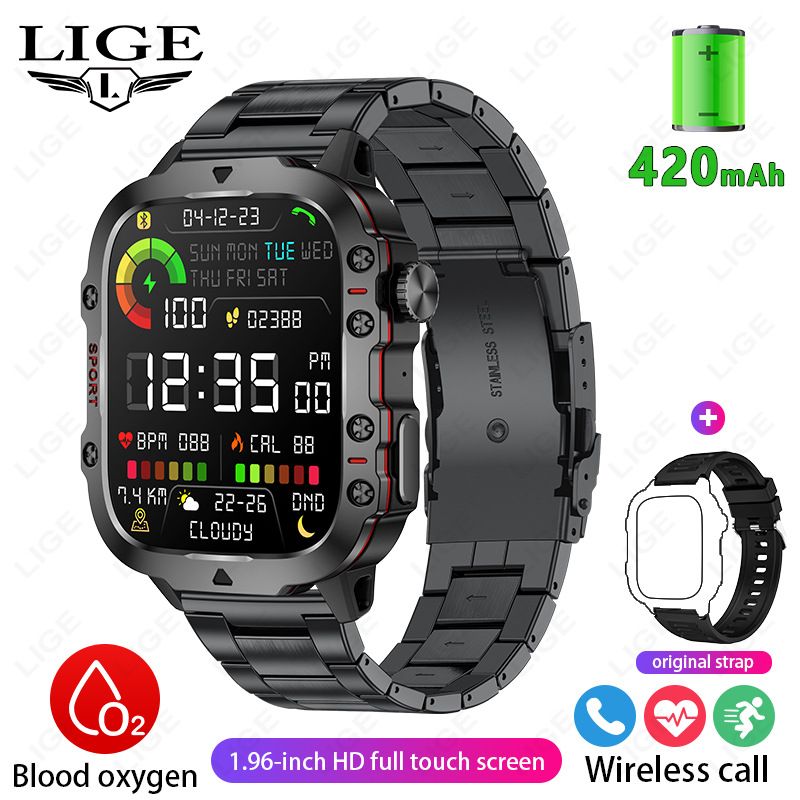LIGE Men Smart Watch Military Outdoor Sports Smartwatch Bluetooth Call Fitness Tracker Heart Rate Blood Oxygen Monitor IP68 Waterproof Sport Smartwatch for Men HD Touch Screen Wrist Watch Sports Watch