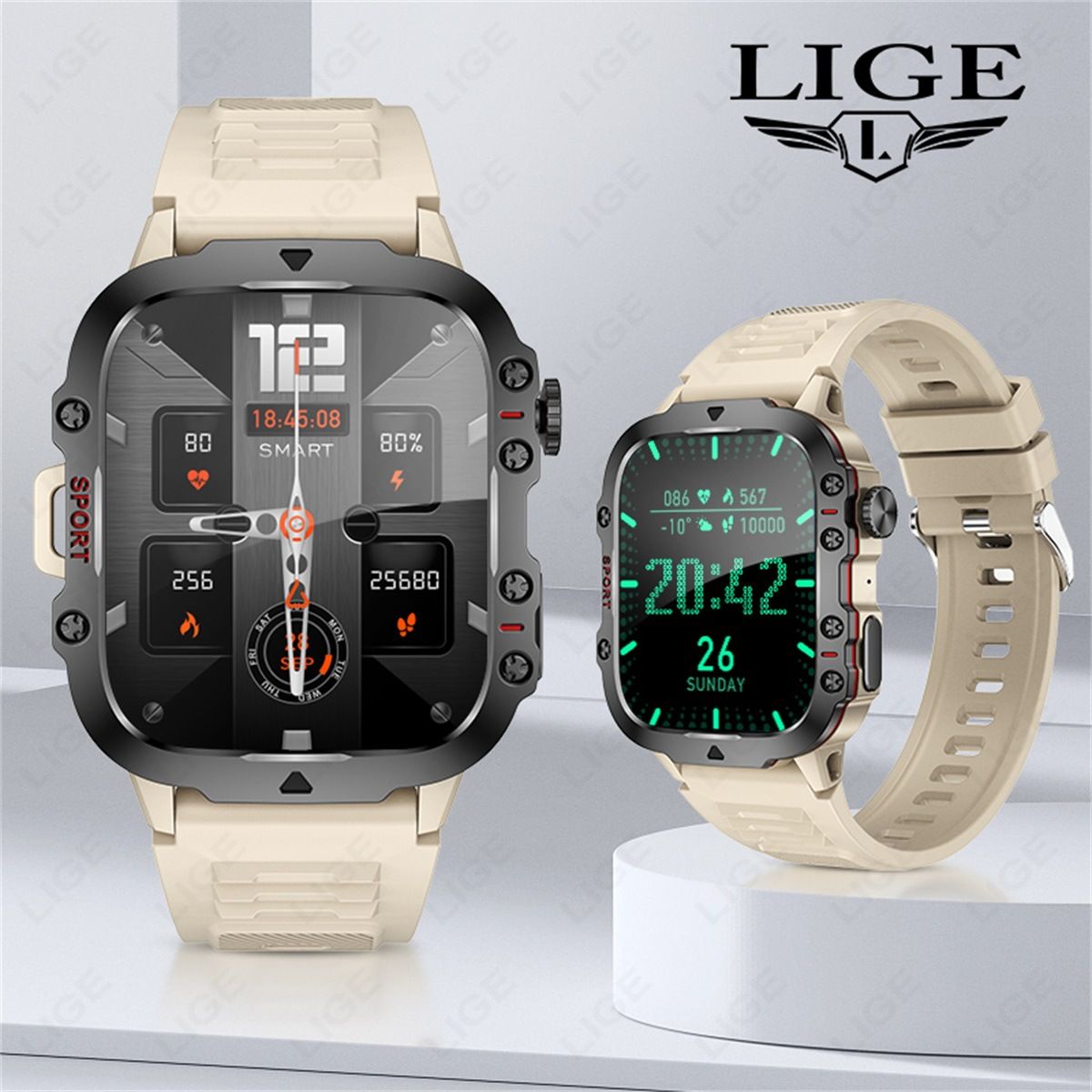 LIGE Men Smart Watch Military Outdoor Sports Smartwatch Bluetooth Call Fitness Tracker Heart Rate Blood Oxygen Monitor IP68 Waterproof Sport Smartwatch for Men HD Touch Screen Wrist Watch Sports Watch