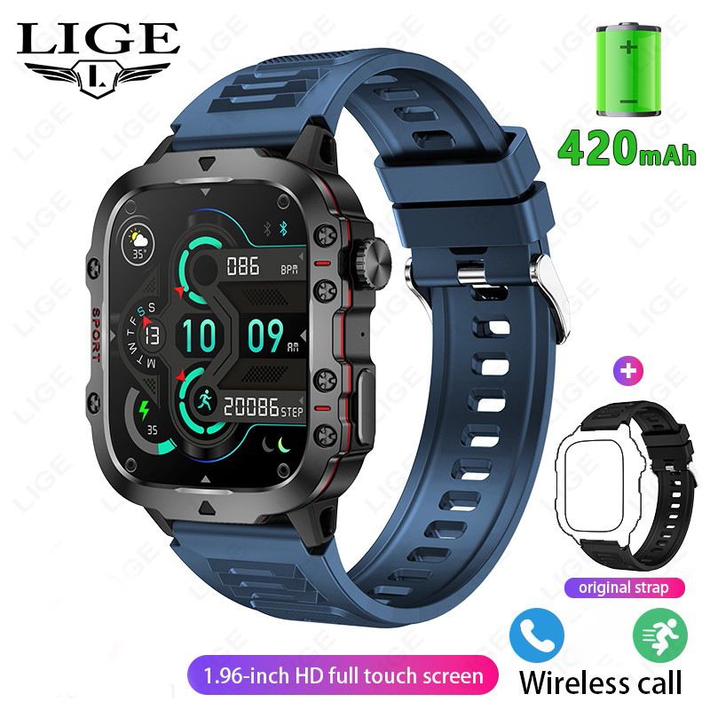 LIGE Men Smart Watch Military Outdoor Sports Smartwatch Bluetooth Call Fitness Tracker Heart Rate Blood Oxygen Monitor IP68 Waterproof Sport Smartwatch for Men HD Touch Screen Wrist Watch Sports Watch