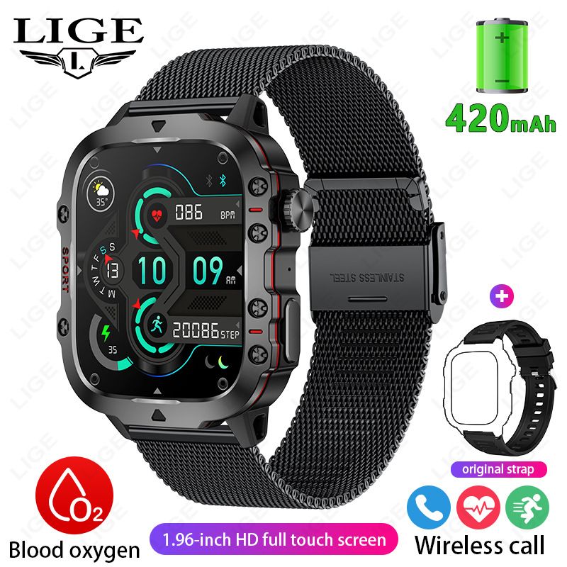 LIGE Men Smart Watch Military Outdoor Sports Smartwatch Bluetooth Call Fitness Tracker Heart Rate Blood Oxygen Monitor IP68 Waterproof Sport Smartwatch for Men HD Touch Screen Wrist Watch Sports Watch