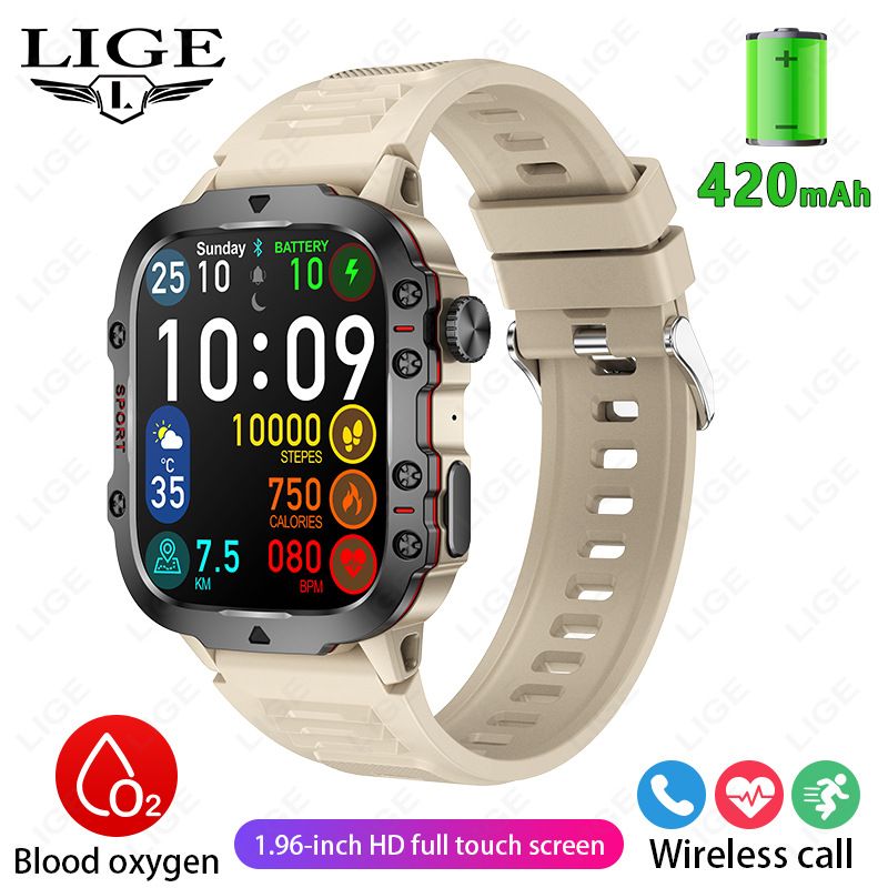 LIGE Men Smart Watch Military Outdoor Sports Smartwatch Bluetooth Call Fitness Tracker Heart Rate Blood Oxygen Monitor IP68 Waterproof Sport Smartwatch for Men HD Touch Screen Wrist Watch Sports Watch