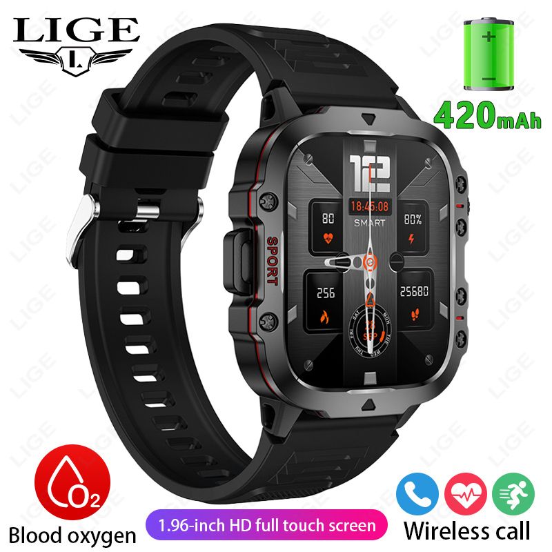 LIGE Men Smart Watch Military Outdoor Sports Smartwatch Bluetooth Call Fitness Tracker Heart Rate Blood Oxygen Monitor IP68 Waterproof Sport Smartwatch for Men HD Touch Screen Wrist Watch Sports Watch