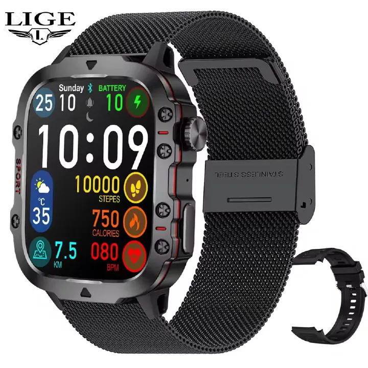 LIGE Men Smart Watch Military Outdoor Sports Smartwatch Bluetooth Call Fitness Tracker Heart Rate Blood Oxygen Monitor IP68 Waterproof Sport Smartwatch for Men HD Touch Screen Wrist Watch Sports Watch