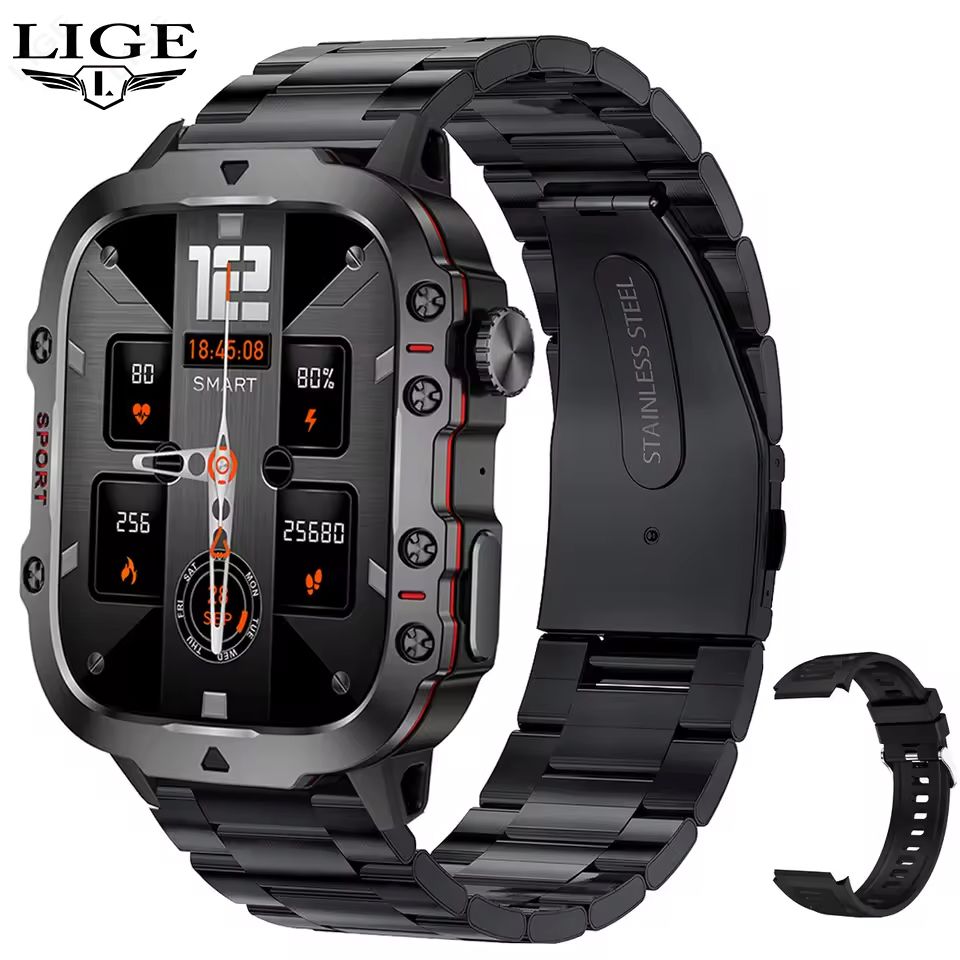 LIGE Men Smart Watch Military Outdoor Fitness Sports Smart Watch Steel Strap Bluetooth Call Blood Oxygen Heart Rate Monitor 3TM Waterproof Sport Smart watch for Men Black Wrist Watch Sports Watches