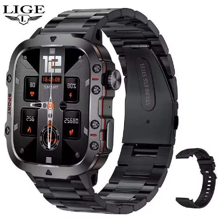 LIGE Men Smart Watch Military Outdoor Fitness Sports Smart Watch Steel Strap Bluetooth Call Blood Oxygen Heart Rate Monitor 3TM Waterproof Sport Smart watch for Men Black Wrist Watch Sports Watches