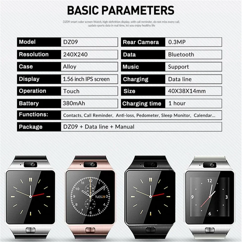 DZ09 Smartwatch Phone Watch Men Women Smart Watch With SIM Card Slot 2G Net Kids Smart Watch A1 V8 Phone Watch Bluetooth Smart Watch With TF Card Memory Card Men Smart Watch Android Watch Wrist Watch