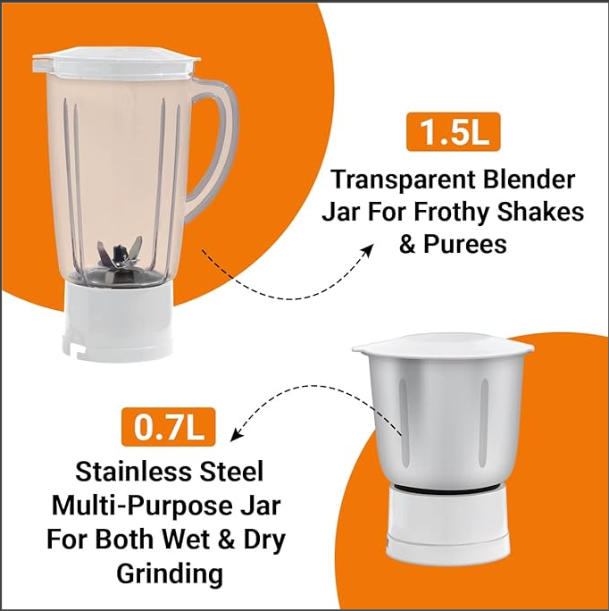 INTEX Juicer Mixer Grinder 500W- Novis with 2 Jars|1.5L Blender Jar,0.7L SS Multipurpose Jar|Nozzle Cap|Shockproof Body Design,Overload Protection for Sa