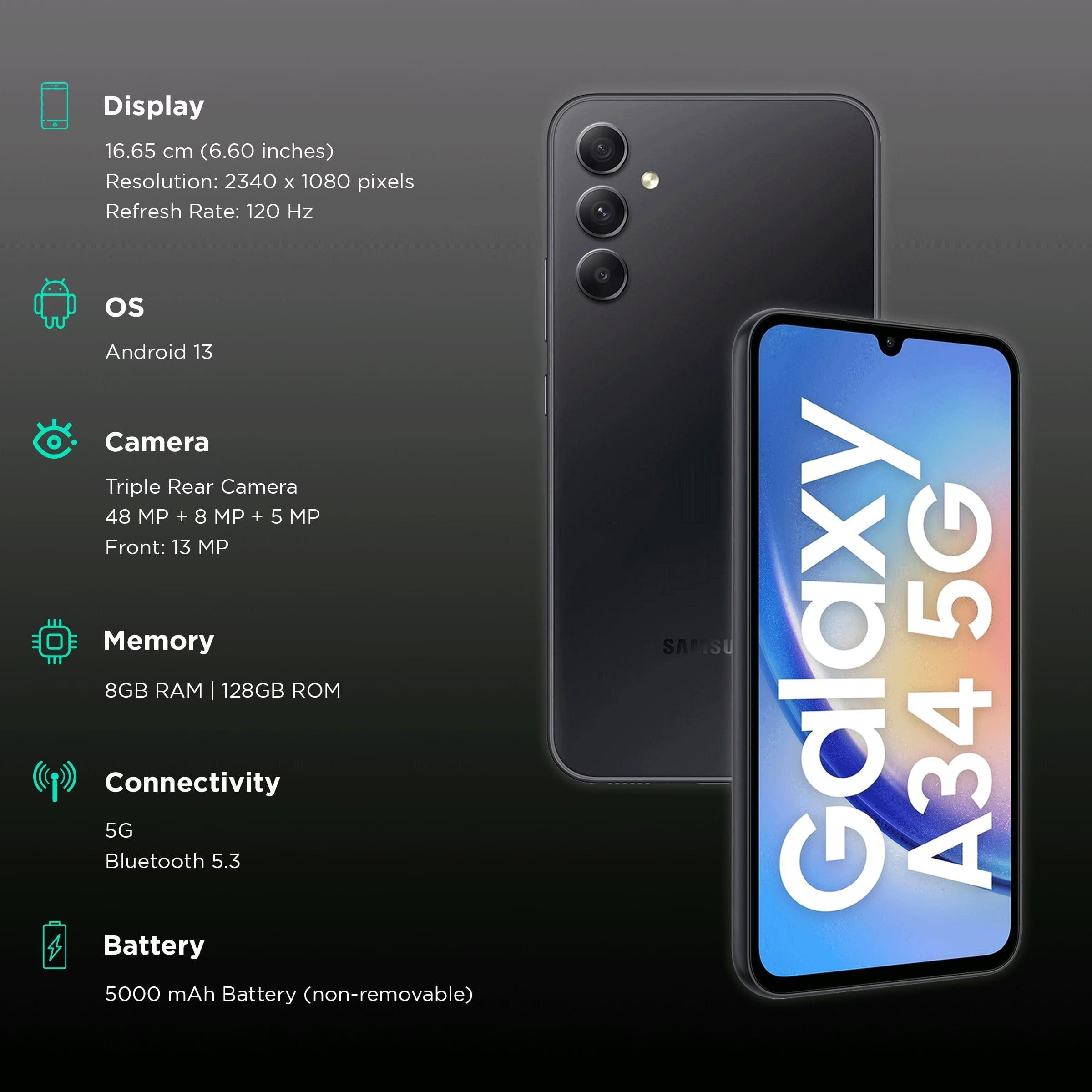 SAMSUNG Galaxy A34 5G A Series Cell Phone, 128GB Unlocked Android Smartphone, AMOLED Display, Advanced Triple Camera System, Expandable Storage, Rugged Design, US Version, 2024,