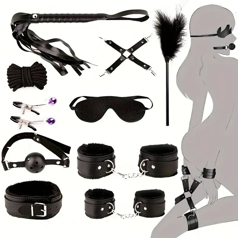 10pcs BDSM Bondage Restraints Set for Women and Couples Adjustable for Role Play Bed Game Plush Handcuffs Restraints Kit Adult Sex Toys for Enhanced with Whip, Blindfold, Mouth Gag, Nipples Clip, and