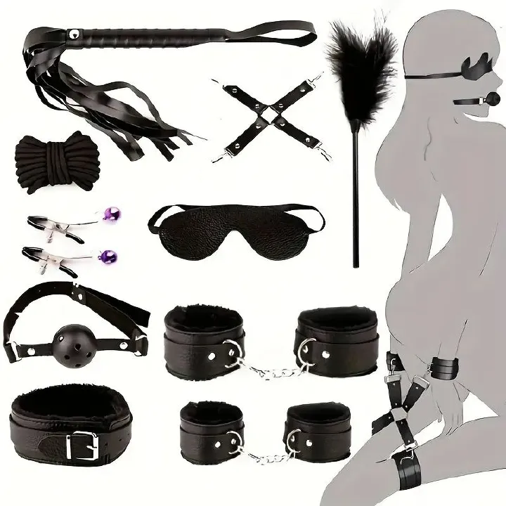 10pcs BDSM Bondage Restraints Set for Women and Couples Adjustable for Role Play Bed Game Plush Handcuffs Restraints Kit Adult Sex Toys for Enhanced with Whip, Blindfold, Mouth Gag, Nipples Clip, and