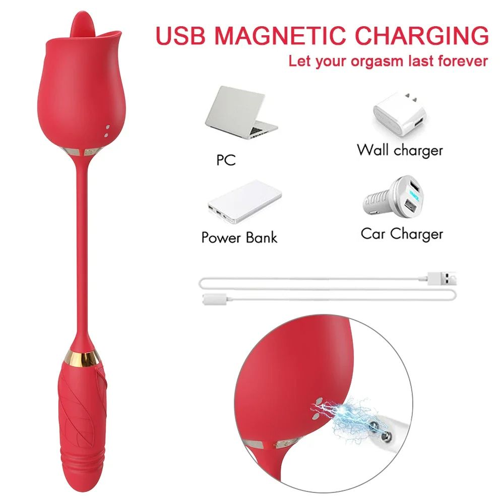 2 in 1 Rose Tongue Licking Thrusting Vibrator for Women Nipple Clitor Stimulator G Spot Licking Dildo Vibrating Female Masturbator Massage Adult Sex Toy