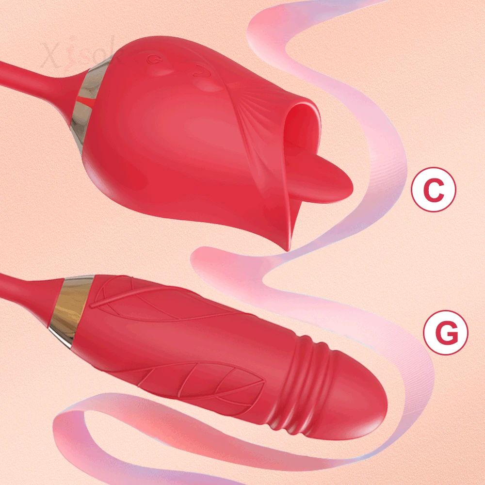 2 in 1 Rose Tongue Licking Thrusting Vibrator for Women Nipple Clitor Stimulator G Spot Licking Dildo Vibrating Female Masturbator Massage Adult Sex Toy