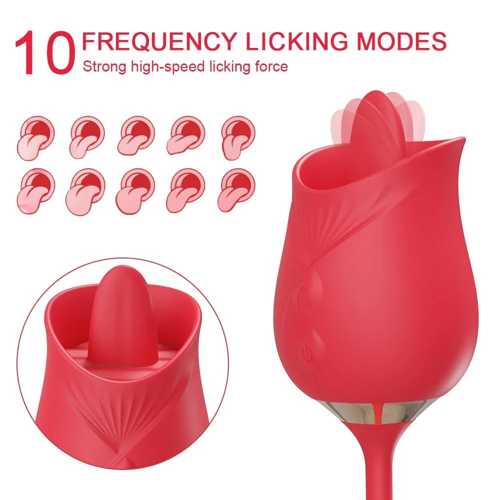 2 in 1 Rose Tongue Licking Thrusting Vibrator for Women Nipple Clitor Stimulator G Spot Licking Dildo Vibrating Female Masturbator Massage Adult Sex Toy