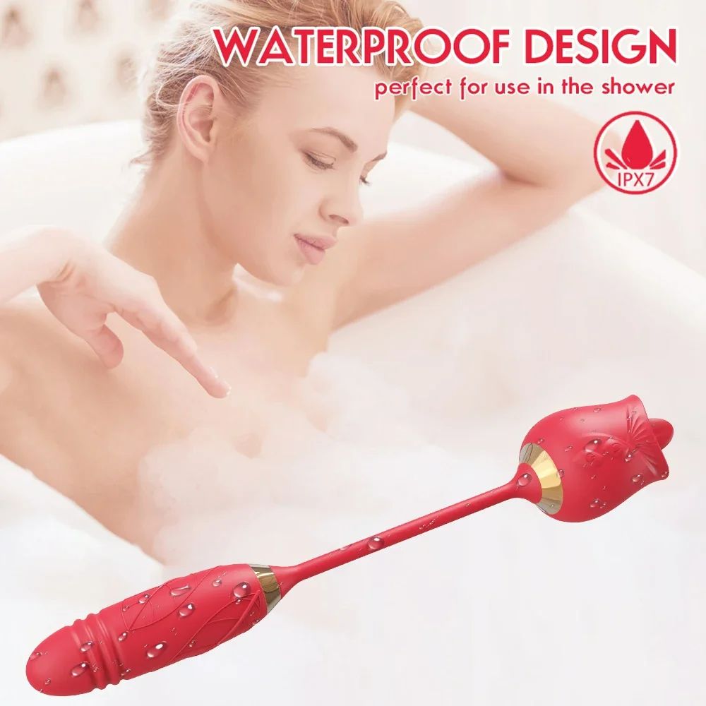 2 in 1 Rose Tongue Licking Thrusting Vibrator for Women Nipple Clitor Stimulator G Spot Licking Dildo Vibrating Female Masturbator Massage Adult Sex Toy