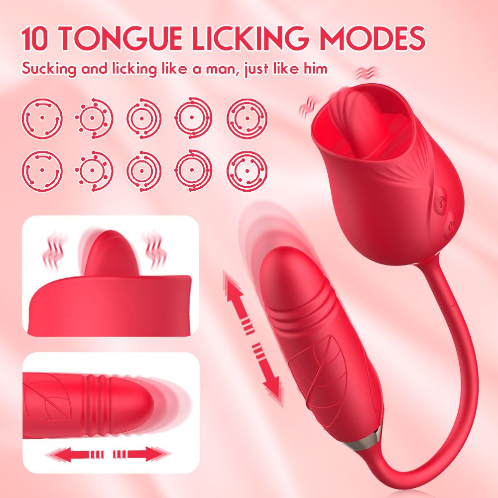 2 in 1 Rose Tongue Licking Thrusting Vibrator for Women Nipple Clitor Stimulator G Spot Licking Dildo Vibrating Female Masturbator Massage Adult Sex Toy