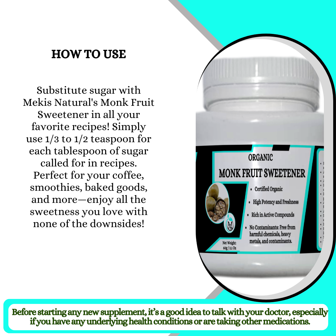 Mekis Naturals Monk Fruit Sweetener Powder  - Keto Friendly,Zero calories,Safe for people with diabetes,Natural sweetener,No bitter aftertaste