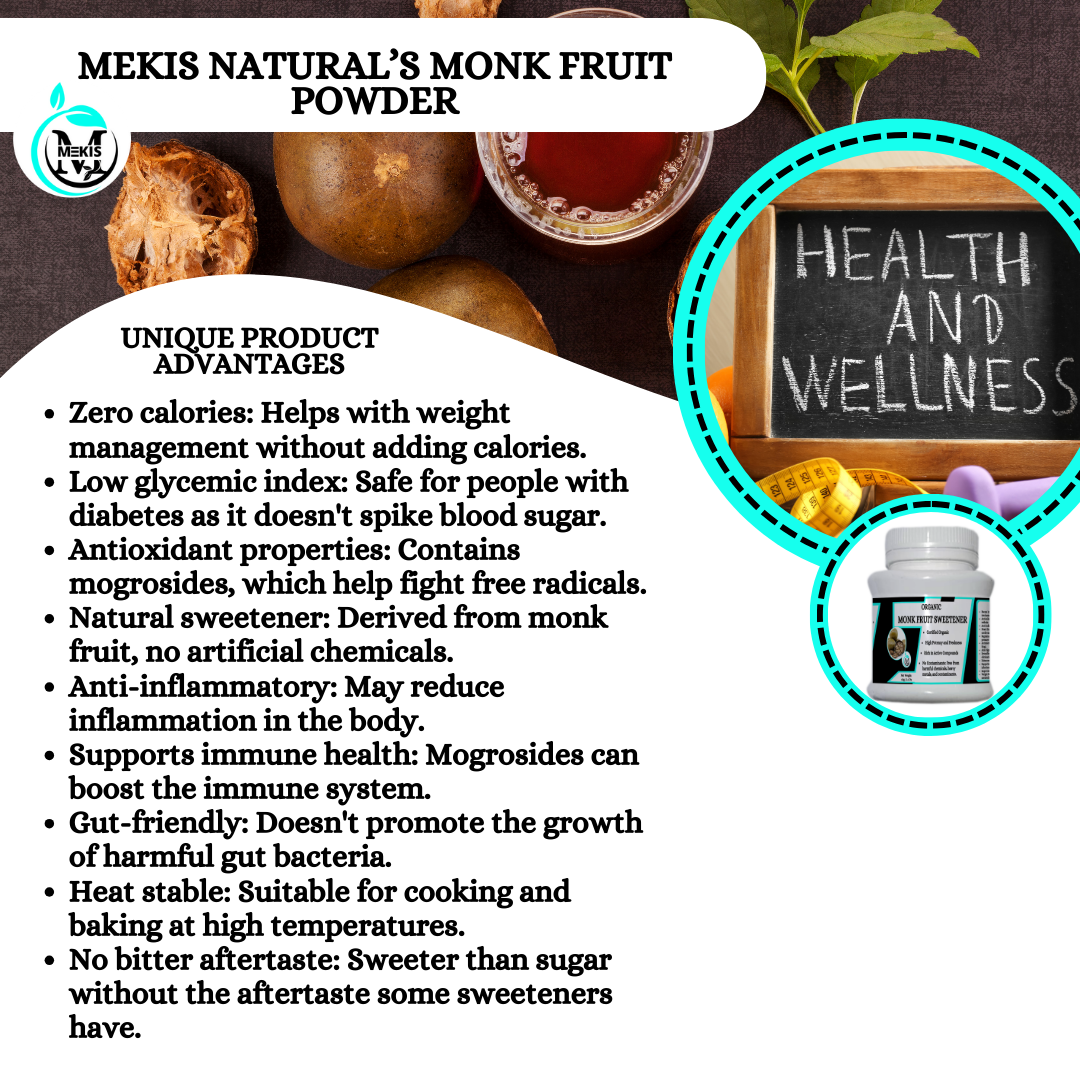 Mekis Naturals Monk Fruit Sweetener Powder  - Keto Friendly,Zero calories,Safe for people with diabetes,Natural sweetener,No bitter aftertaste