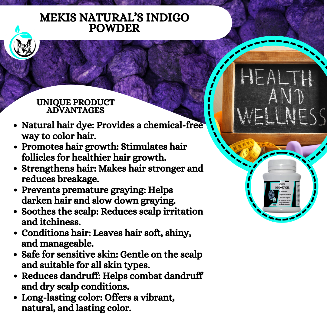 Mekis Natural's Indigo Powder - Natural Hair Dye,Stimulates Hair Growth,Prevents Premature Graying
