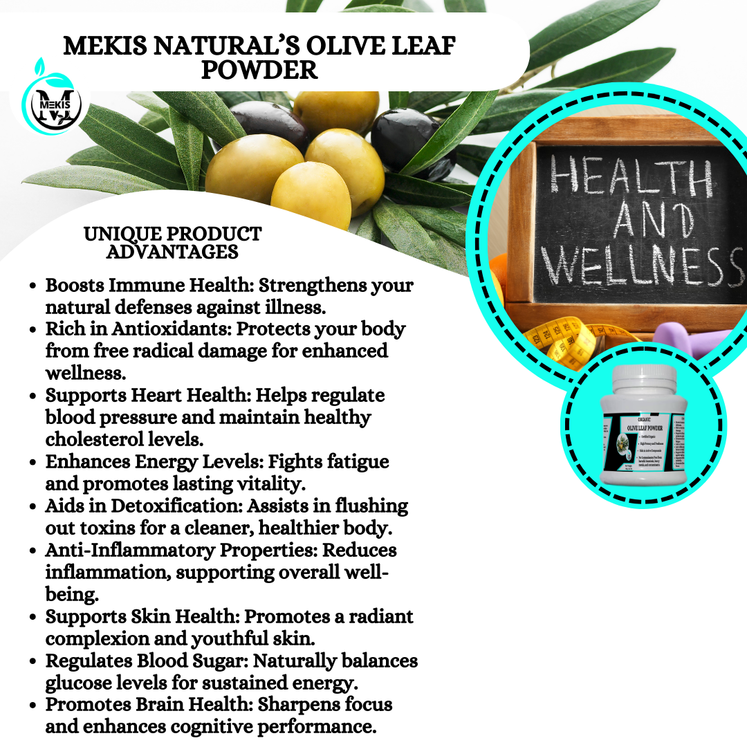 Mekis Naturals Olive Leaf Powder  - 100% Pure,Boosts Immunity,Supports Digestion,Aids in Detoxification,Supports Heart Health