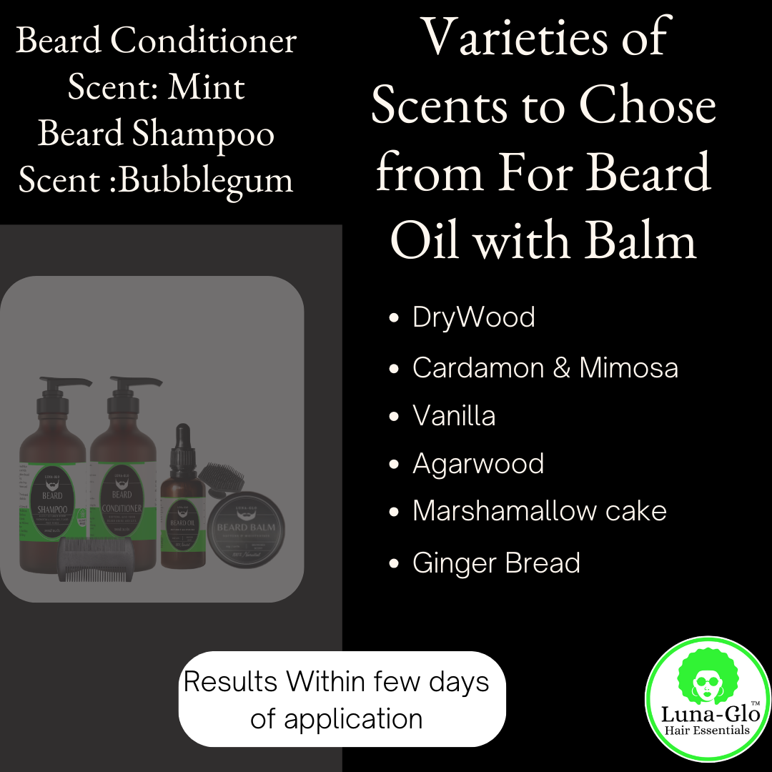 Luna-Glo's Beard Shampoo, Conditioner, Oil & Balm Set Comes with Beard Comb & Silicone Brush – Replenishes Moisture, Softens & Nourishes, Reduces Beard Itch