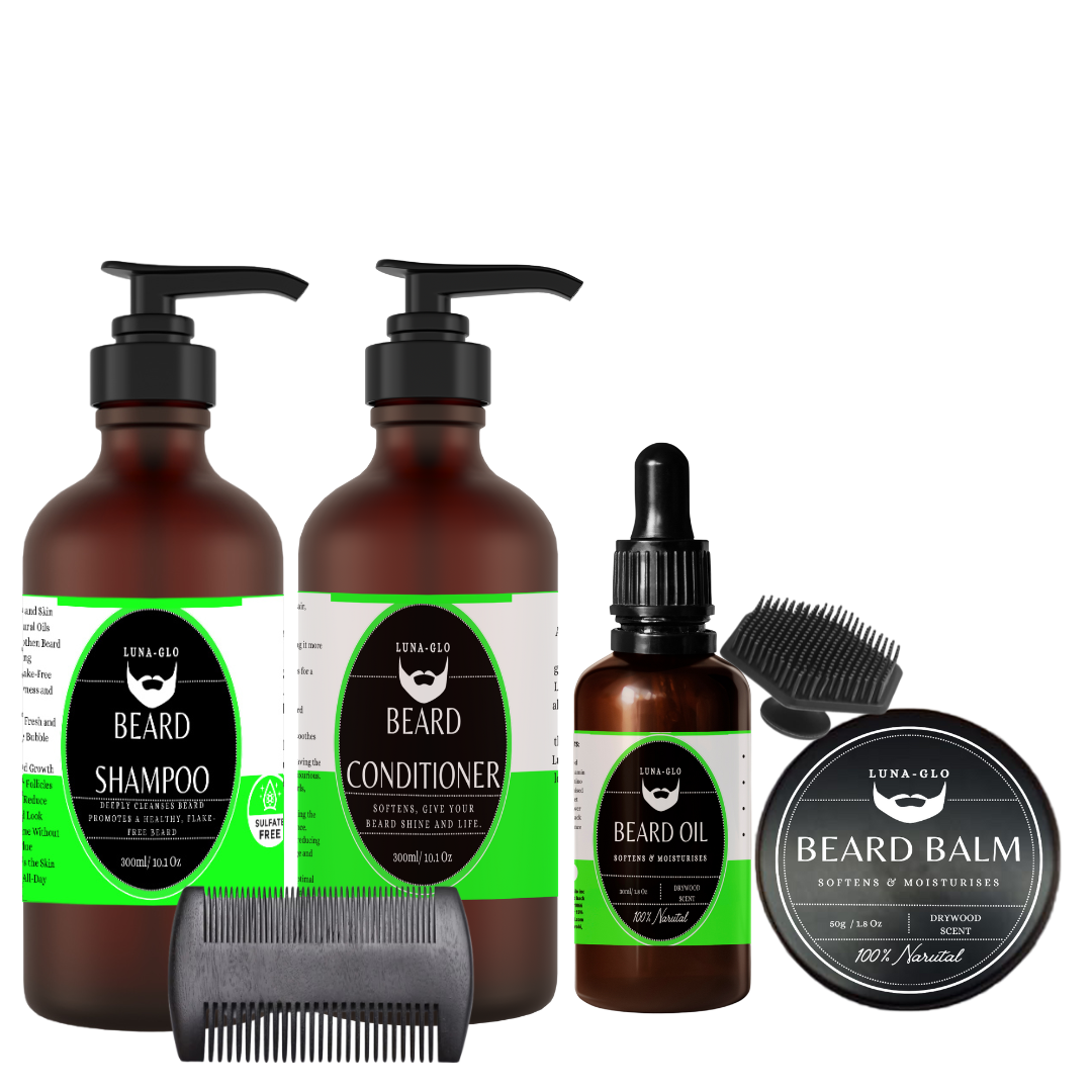 Luna-Glo's Beard Shampoo, Conditioner, Oil & Balm Set Comes with Beard Comb & Silicone Brush – Replenishes Moisture, Softens & Nourishes, Reduces Beard Itch