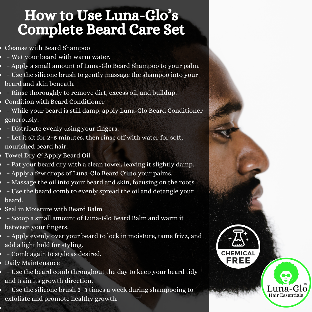Luna-Glo's Beard Shampoo, Conditioner, Oil & Balm Set Comes with Beard Comb & Silicone Brush – Replenishes Moisture, Softens & Nourishes, Reduces Beard Itch