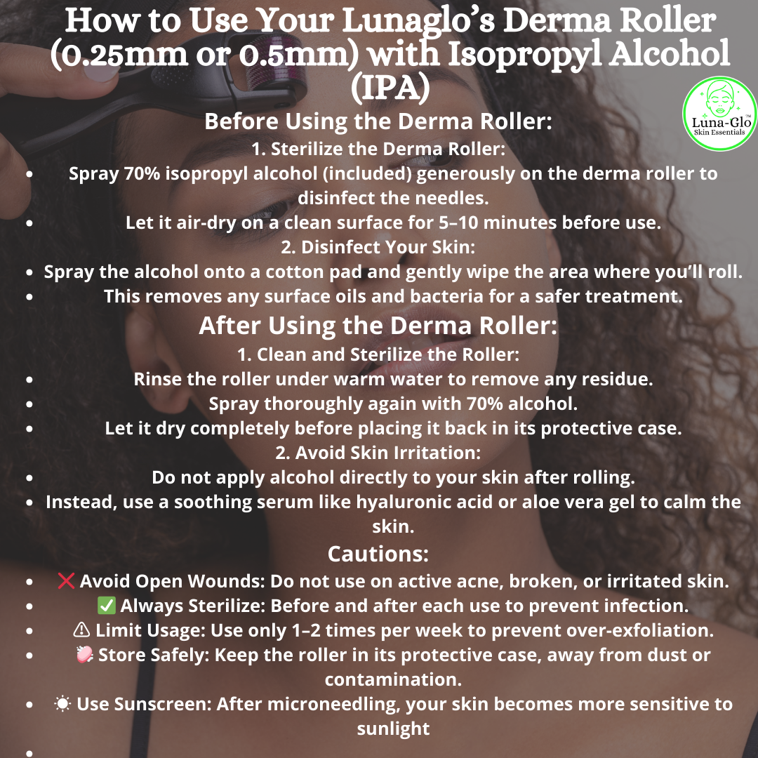 Luna-Glo's Derma Roller 0.25mm / 0.5mm with isopropyl alcohol solution(70%) (65ml)- Boost Collagen Production,Fades Acne Scars & Stretch Marks