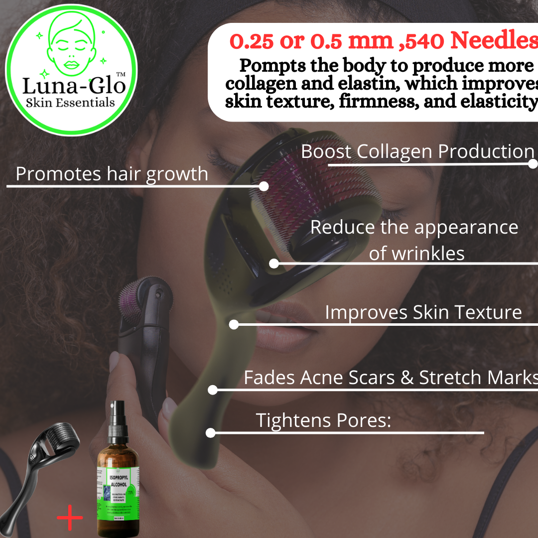 Luna-Glo's Derma Roller 0.25mm / 0.5mm with isopropyl alcohol solution(70%) (65ml)- Boost Collagen Production,Fades Acne Scars & Stretch Marks