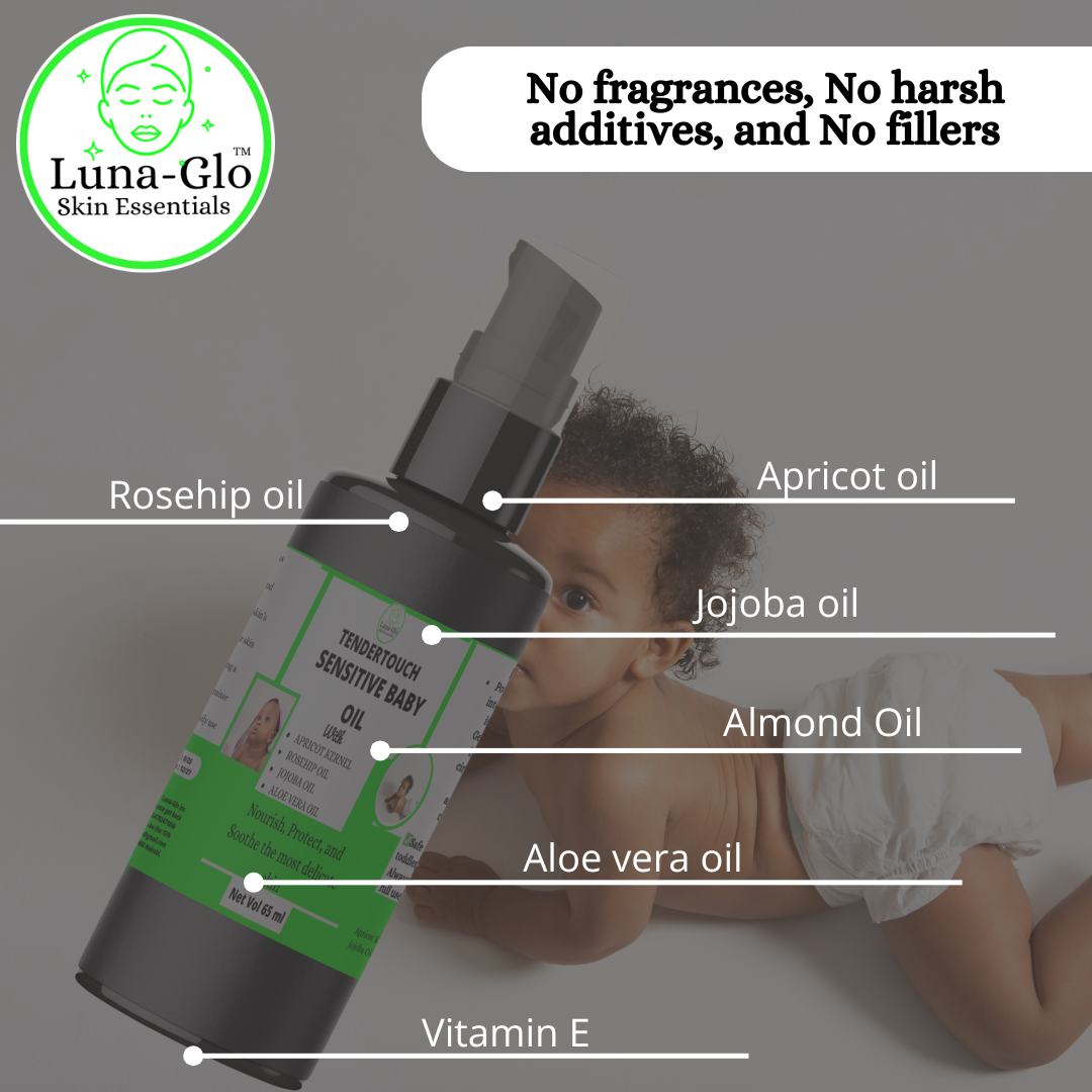 Luna-Glo's TenderTouch Sensitive Baby Oil - fragrance-free ,Non Greasy ,Deeply moisturizes and softens delicate skin  Soothes rashes, dry patches, and redness