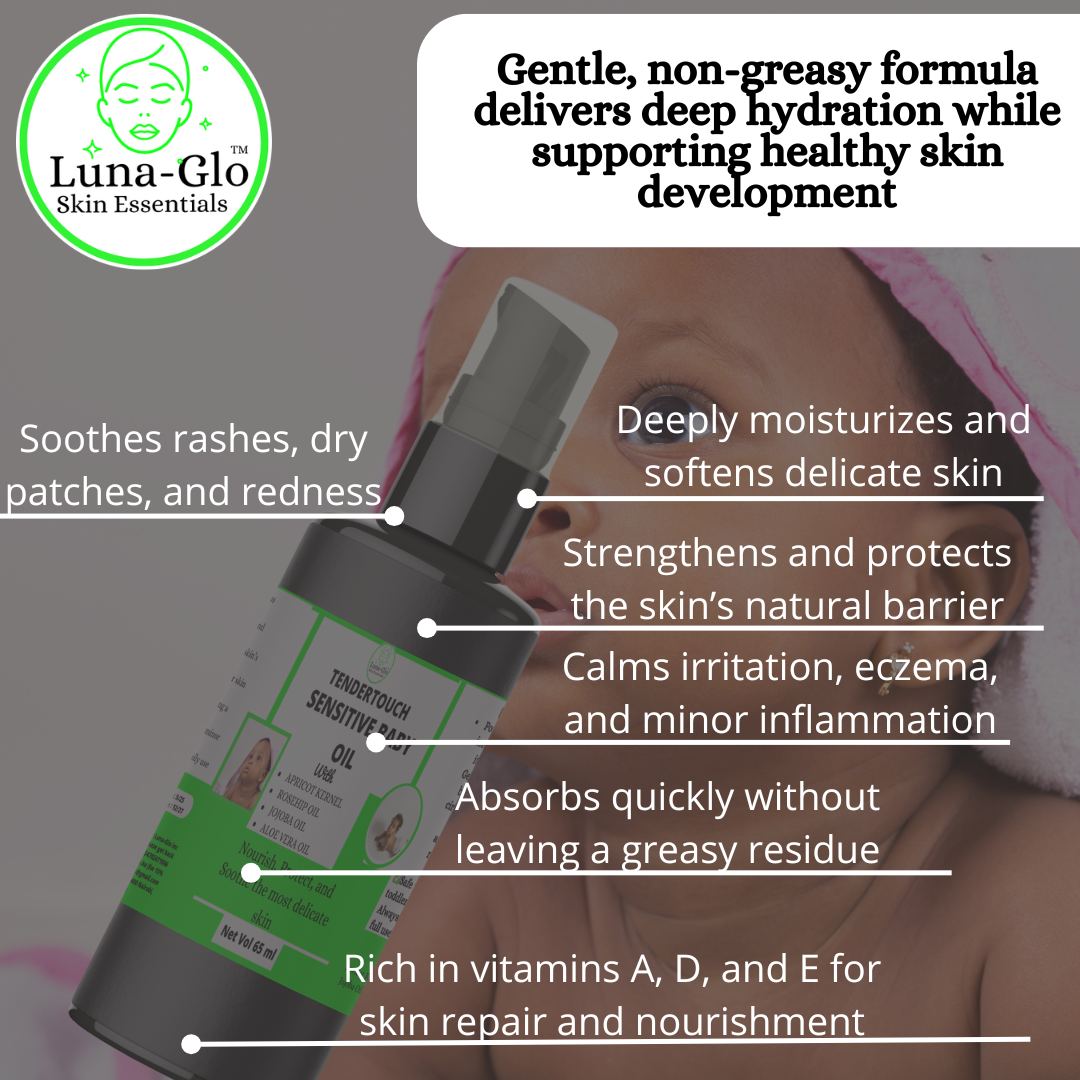 Luna-Glo's TenderTouch Sensitive Baby Oil - fragrance-free ,Non Greasy ,Deeply moisturizes and softens delicate skin  Soothes rashes, dry patches, and redness