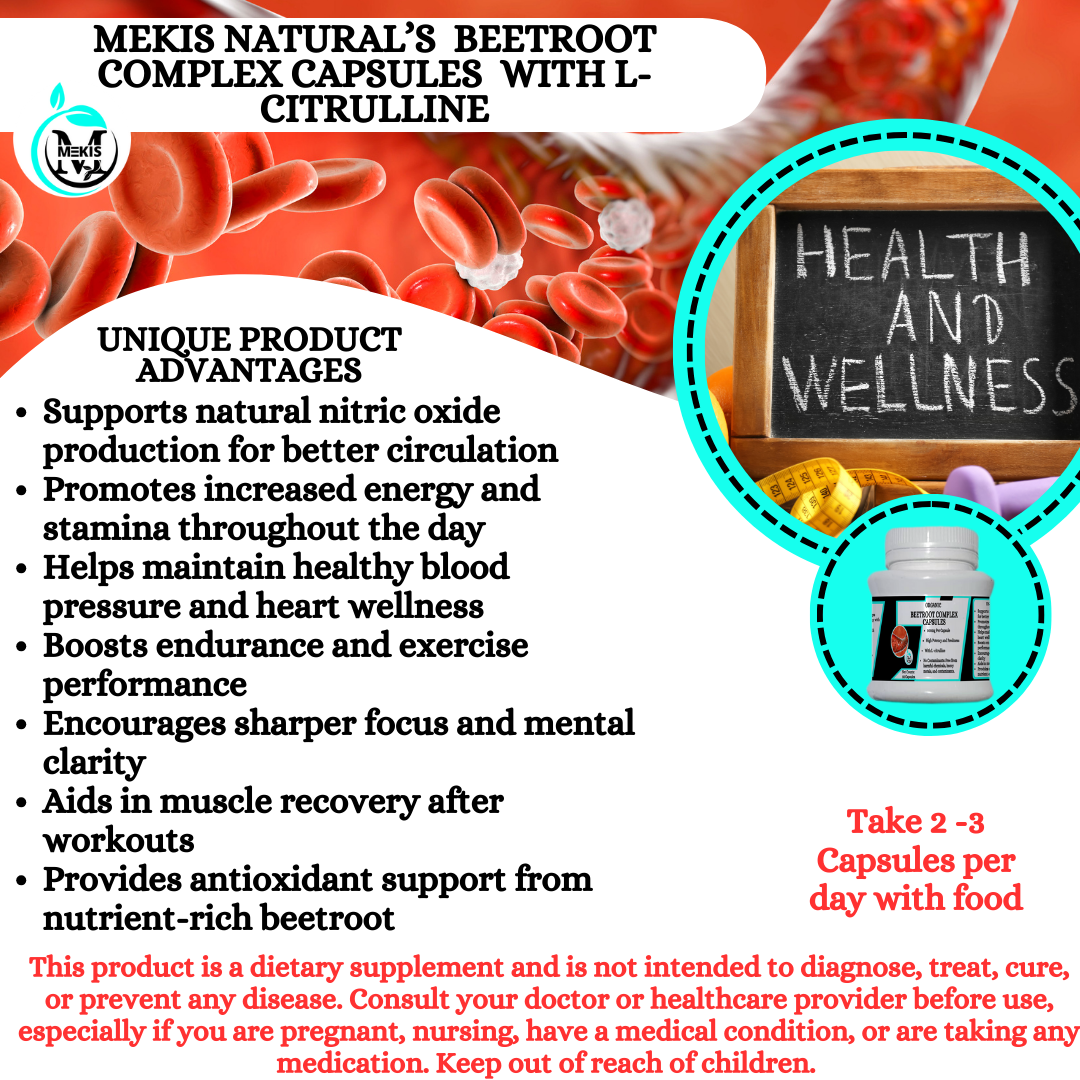 Mekis Natural's Organic Beetroot Complex Capsules - Wiith l-Citrulline Supports natural nitric oxide production for better circulation