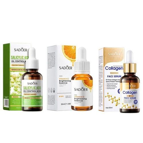 SADOER 3 in 1, Salicylic Acid Acne Treatment Essence + Vitamin C Face Brightening Essence + Collagen Anti Aging Serum