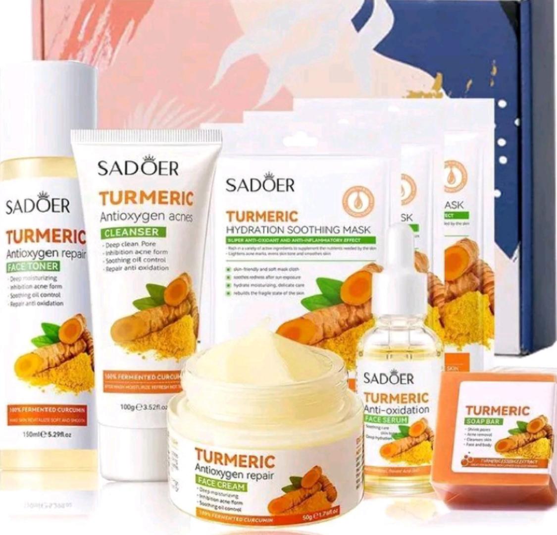 SADOER 8 Pieces Tumeric Skin Care Set: Turmeric Face Cream + Soap + Serum+ Toner + 3 Face Mask + Face Cleanser like Vitamin C For Treating Dark Spots, Anti-wrinkles & Improving Skin Texture, Smoothing