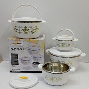 Casserole 4 Pieces set Heavy duty Stainless Steel Insulated Hotpots. 4 Pieces Insulated Hot Pots Casserole Set 
Comfortable carrying during travel,picnics etc
Freshness Redefined - Retain aroma, taste