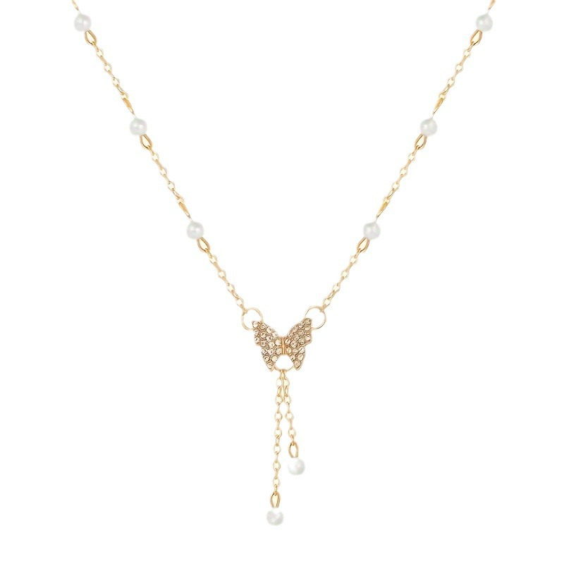 New trendy pearl necklace for women, niche cold style necklace, high-end light luxury zircon butterfly clavicle necklace