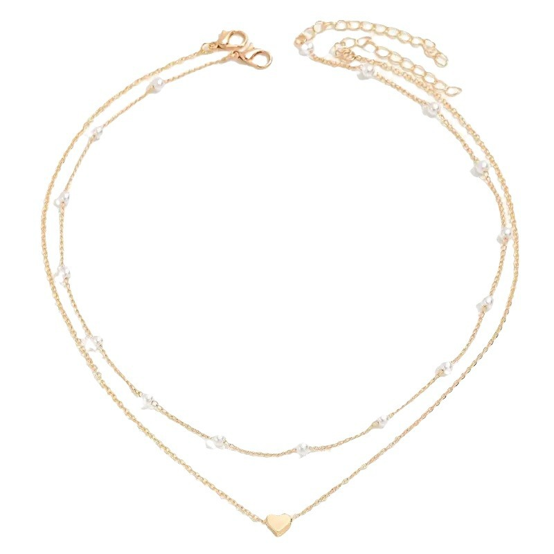 Hot selling imitation pearl heart pendant necklace versatile clavicle necklace female retro double layer necklace