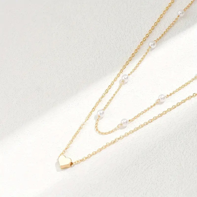 Hot selling imitation pearl heart pendant necklace versatile clavicle necklace female retro double layer necklace