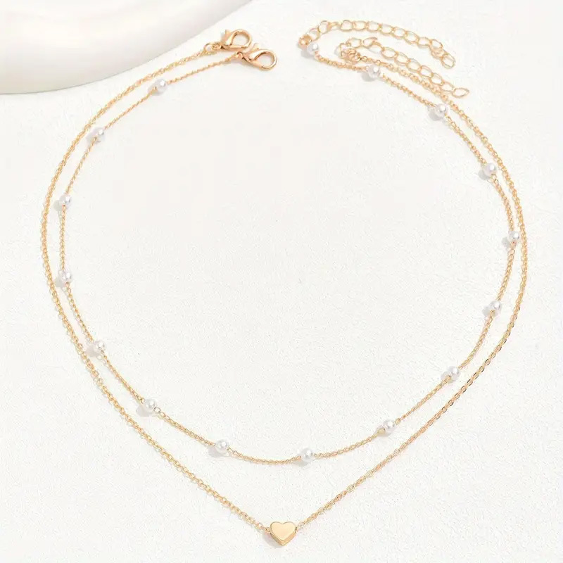 Hot selling imitation pearl heart pendant necklace versatile clavicle necklace female retro double layer necklace