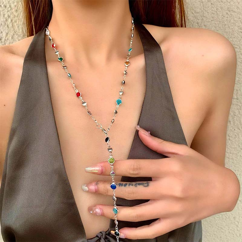 Temperamental women's colorful crystal metal clavicle necklace simple long chain tassel necklace
