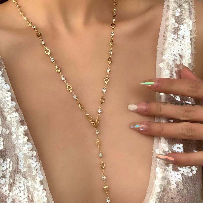 Temperamental women's colorful crystal metal clavicle necklace simple long chain tassel necklace