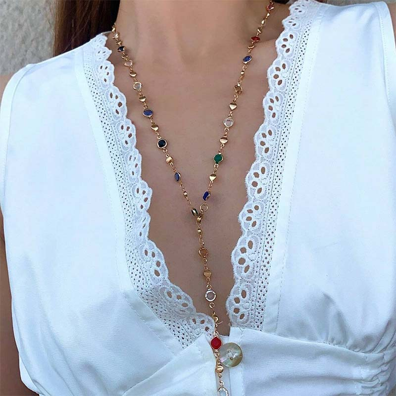 Temperamental women's colorful crystal metal clavicle necklace simple long chain tassel necklace
