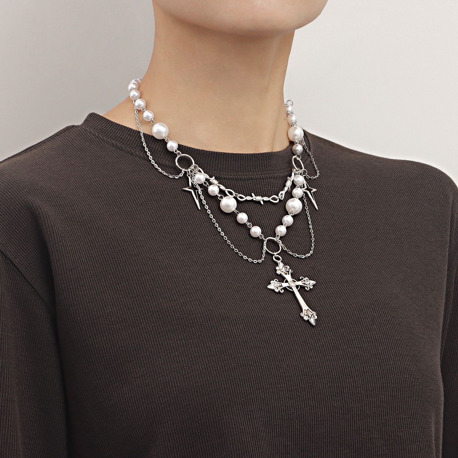 Double-Layer High-Gloss Pearl Tassel Cross Star Cross Necklace For Women