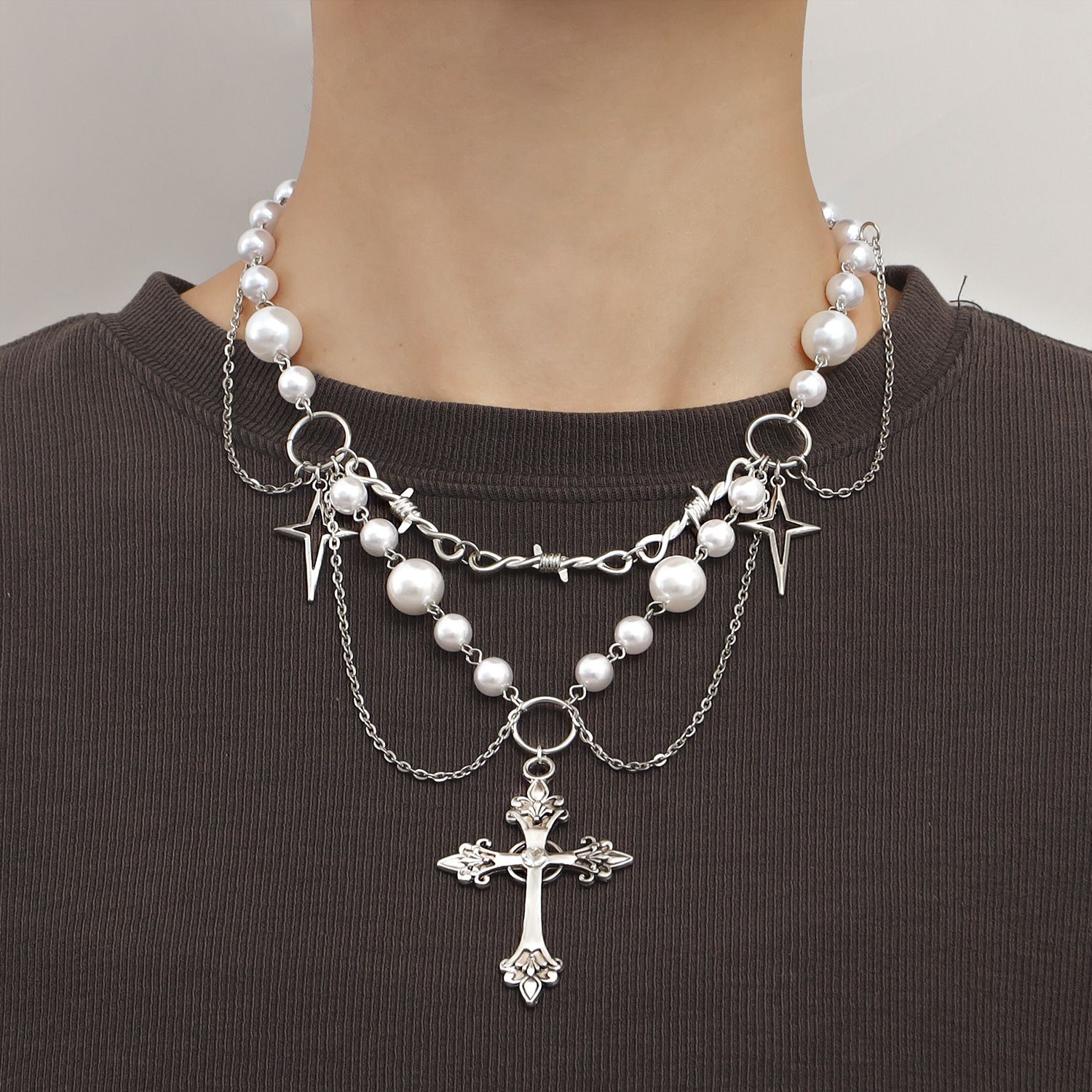 Double-Layer High-Gloss Pearl Tassel Cross Star Cross Necklace For Women