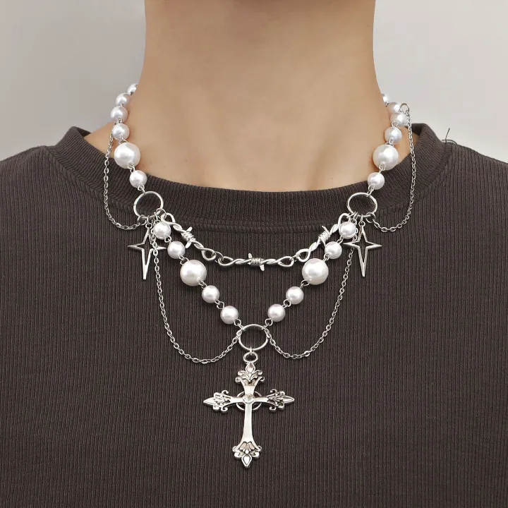 Double-Layer High-Gloss Pearl Tassel Cross Star Cross Necklace For Women