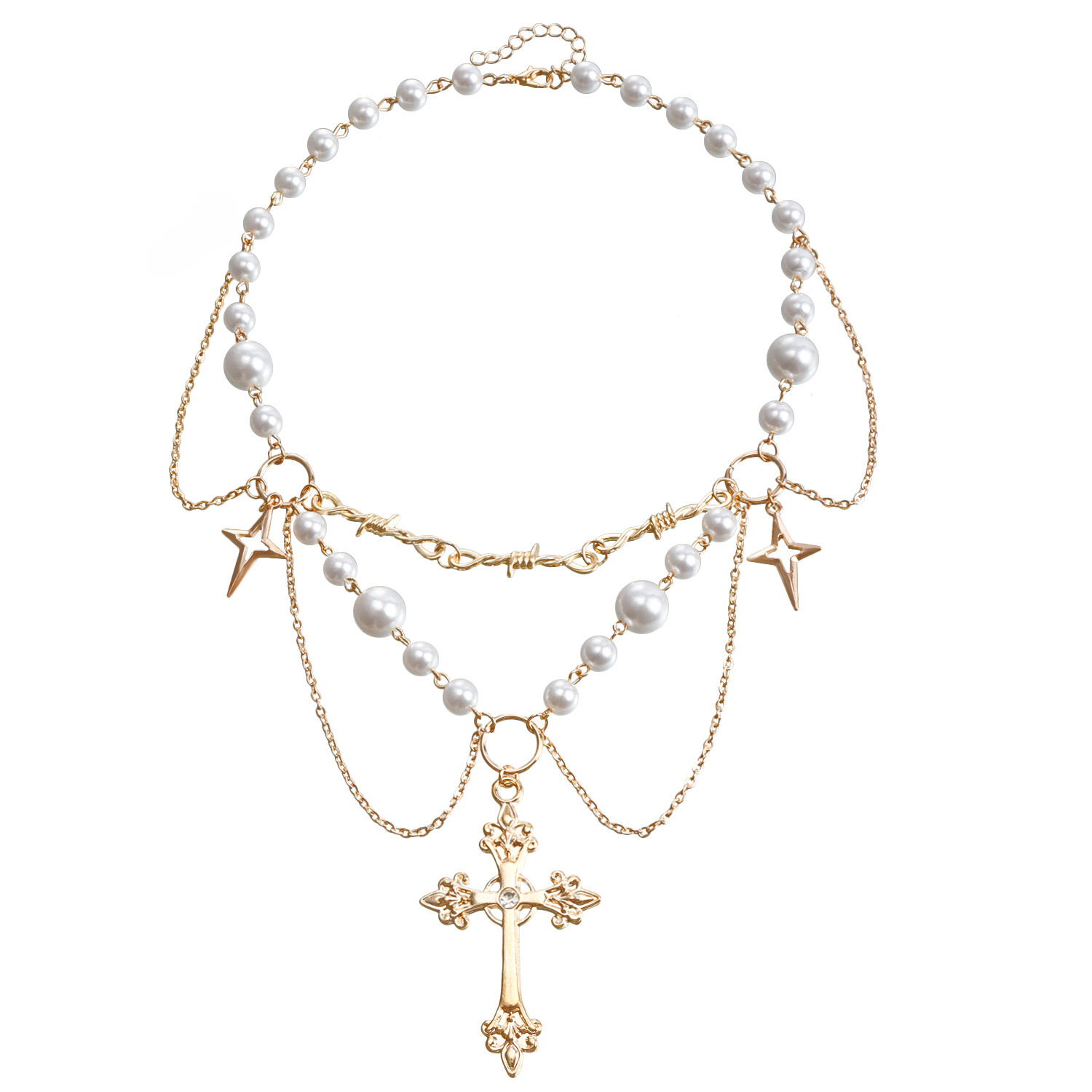 Double-Layer High-Gloss Pearl Tassel Cross Star Cross Necklace For Women